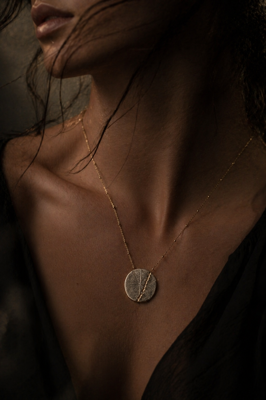 Compass salt and pepper diamond necklace in sterling silver and gold vermeil
